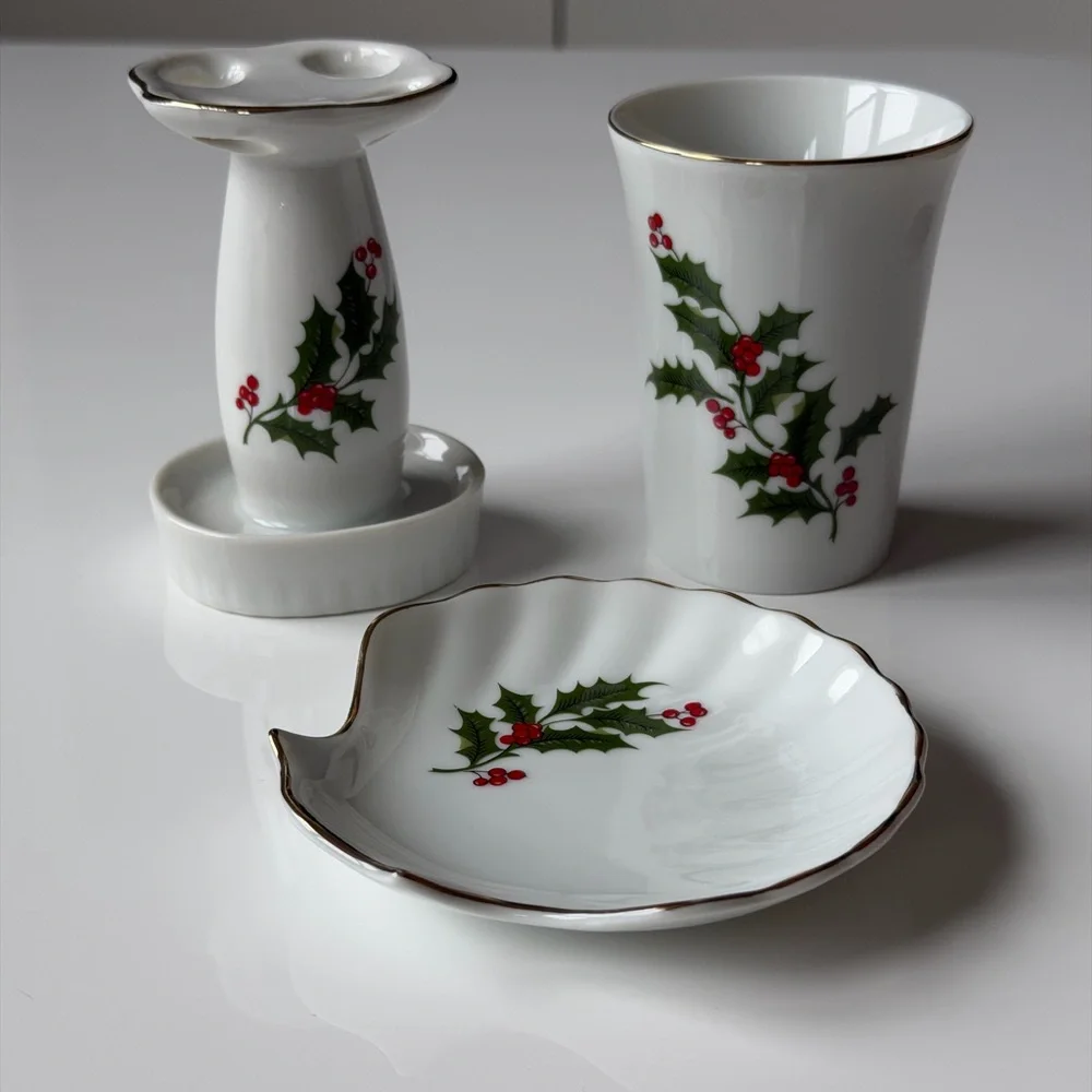 Porcelain Holly Bath Accessory Set - Toothbrush Holder ,Soap Dish & Tumbler Cup